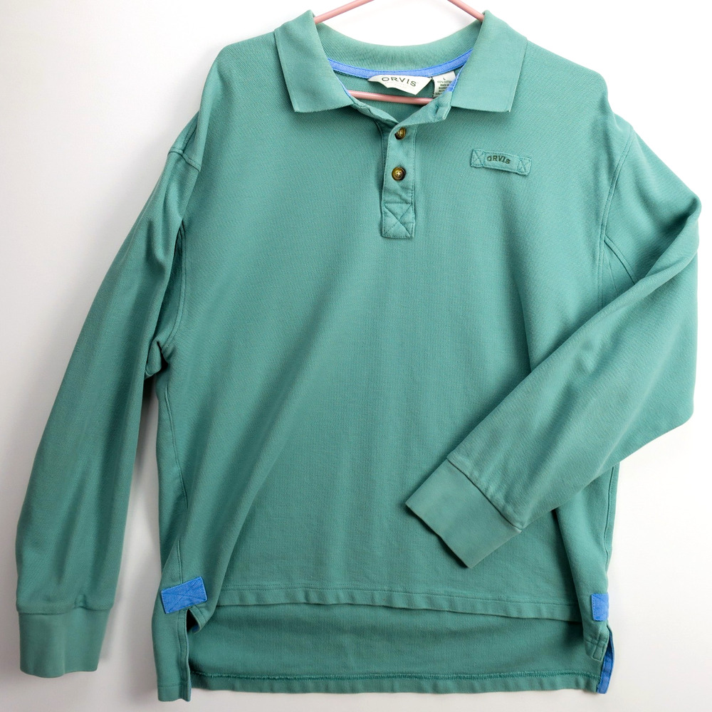 Orvis Mens L Long Sleeve Polo Shirt Green Cotton Pique Classic Fit Casual